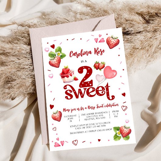 Strawberry Sweet 2nd Birthday Invitation Kaart