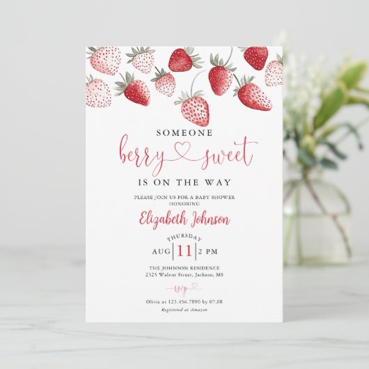 Strawberry Sweet Baby shower Foto QR-code Kaart (Staand voorkant)