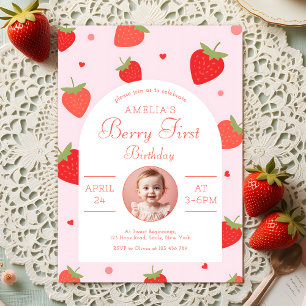 Strawberry Sweet Berry Eerste Verjaardag Party Fot Kaart