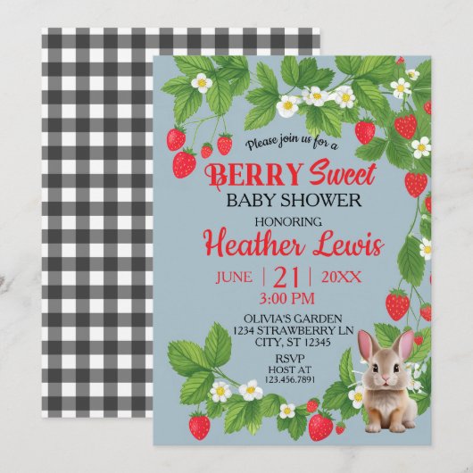 Strawberry Sweet Bunny Baby shower (Rood & Blauw) Kaart (Voorkant / Achterkant)