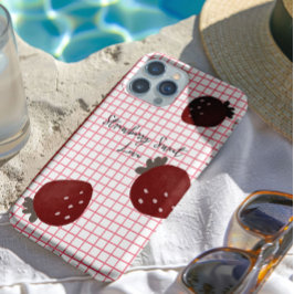 Strawberry Sweet Love – Minimal Berry Trio on Red iPhone 16 Pro Hoesje