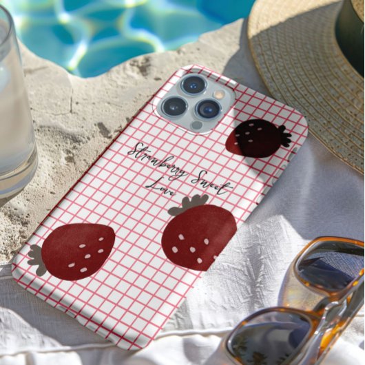 Strawberry Sweet Love – Minimal Berry Trio on Red  iPhone Hoesje