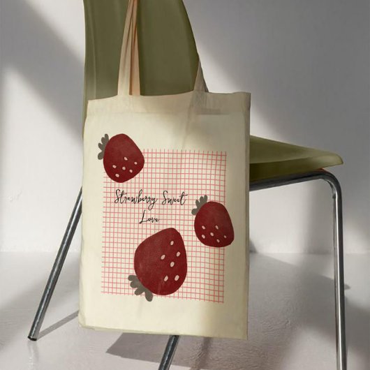 Strawberry Sweet Love – Minimal Berry Trio on Red Tote Bag
