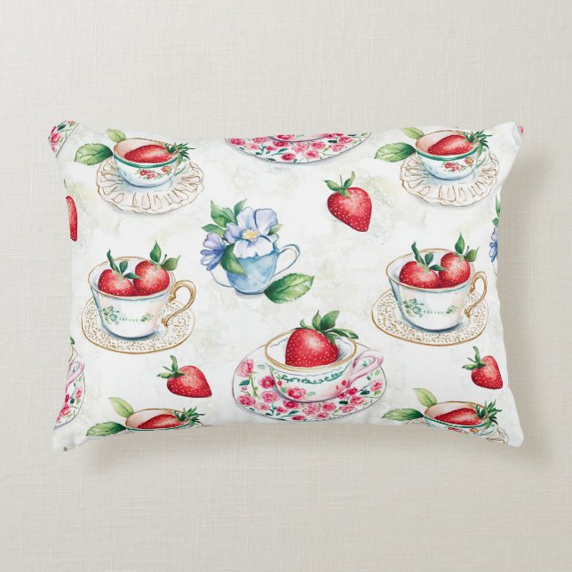  Strawberry Teacup Bloemenpatroon Accent Kussen (Voorkant)