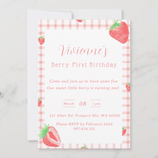 Strawberry Thema Eerste Verjaardag Uitnodiging (Voorkant)
