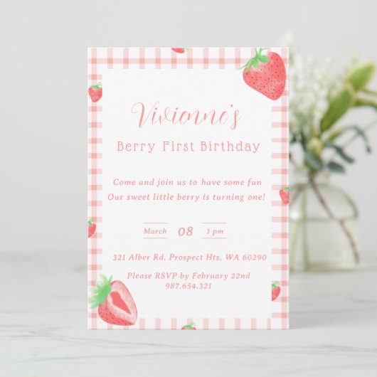 Strawberry Thema Eerste Verjaardag Uitnodiging (Staand voorkant)