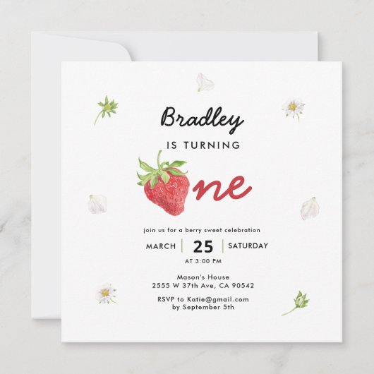 Strawberry Theme Berry First Birthday Square Kaart (Voorkant)