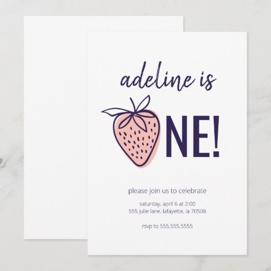 Strawberry Theme First Birthday Party Invitations Kaart (Voorkant / Achterkant)