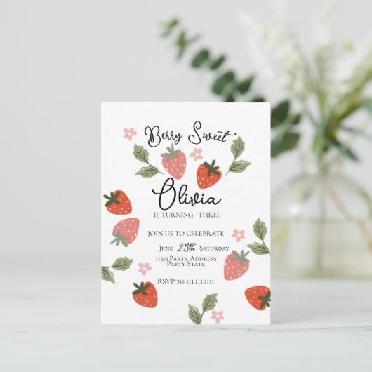 Strawberry Theme Girl Birthday Party Briefkaart (Staand voorkant)