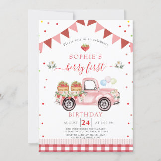 Strawberry Truck Sweet Berry First Birthday Kaart