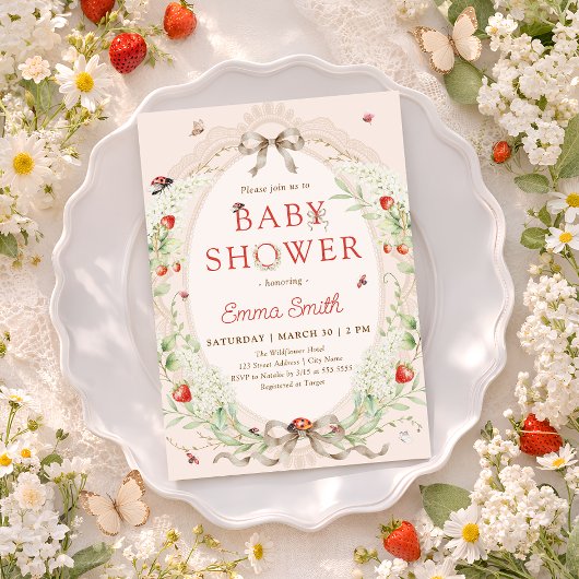 Strawberry Whimsical Ladybug Baby Shower Kaart
