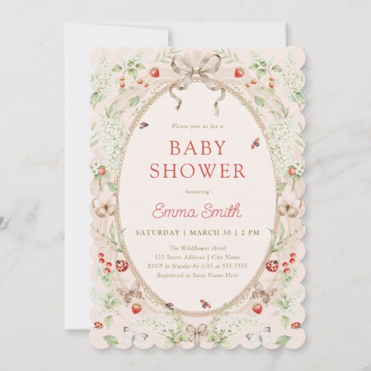 Strawberry Wildflower Lace Frame Baby Shower Kaart (Voorkant)
