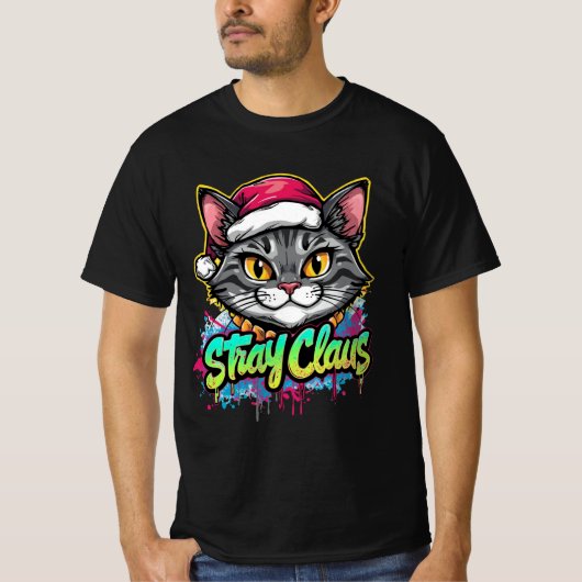 Stray Claus – Graffiti Christmas Cat Design T-shirt (Voorkant)