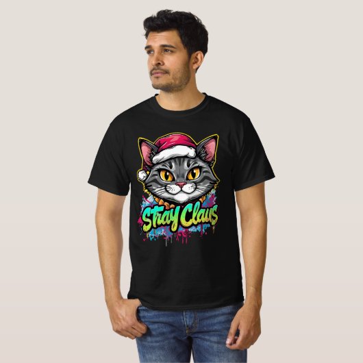 Stray Claus – Graffiti Christmas Cat Design T-shirt (Voorkant volledig)