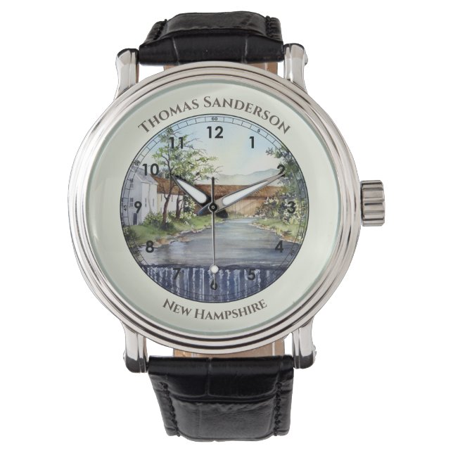 Stream New England Landscape Waterverf Painting Horloge (Voorkant)