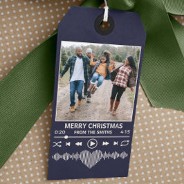 Streaming Muziek Blauwe Speler Foto Kerstmis Cadeaulabel