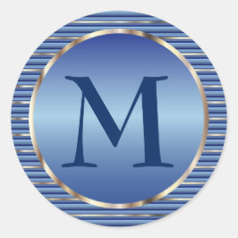 Streep Blauw & Zilver Monogram Ronde Sticker