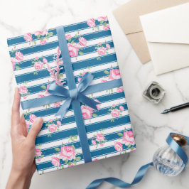 streep en bloemenklassiek rozen Navy Cadeaupapier