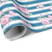  streep en bloemenklassiek rozen Navy Cadeaupapier (Rol Hoek)