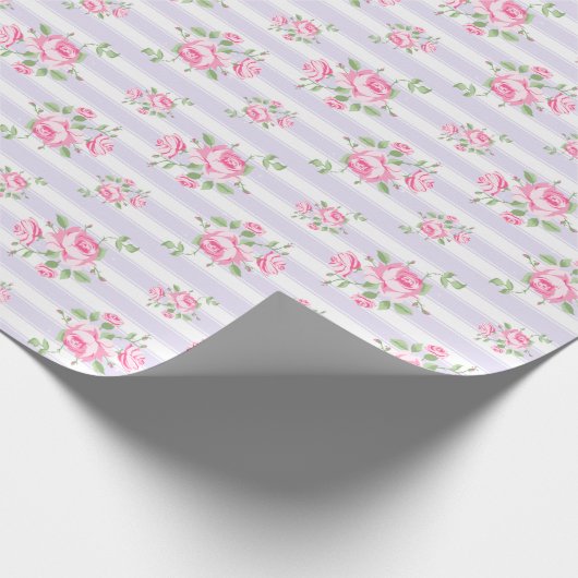 streep en bloemenkleurige rozen classic lavendel cadeaupapier (Hoek)