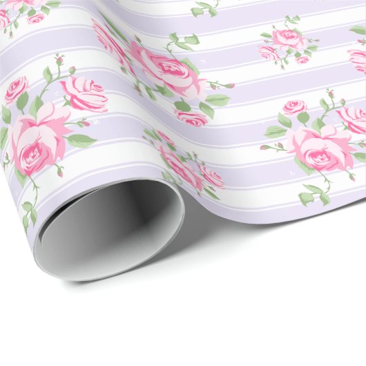 streep en bloemenkleurige rozen classic lavendel cadeaupapier (Rol Hoek)