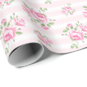  streep en florale rozen klassiek bleek roze cadeaupapier (Rol Hoek)