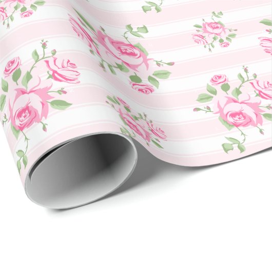  streep en florale rozen klassiek bleek roze cadeaupapier (Rol Hoek)