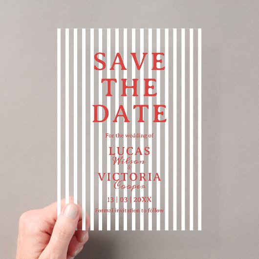 Streep Rood en Wit Transparant Save The Date Acryl Uitnodigingen (Insitu (Draagbaar))