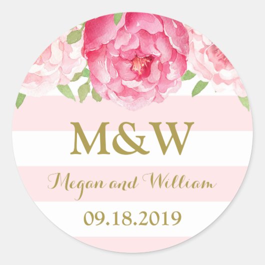 Streep Roze Bloemen Monogram Bruiloft Favor Label (Voorkant)