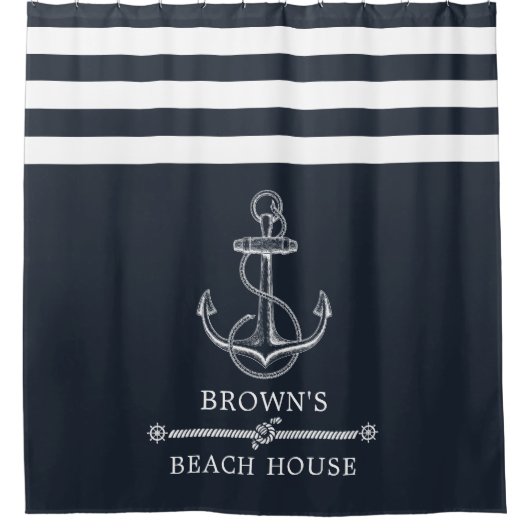 Streepjesbeach of Lake met Nautical Anchor Family  Douchegordijn (Voorkant)