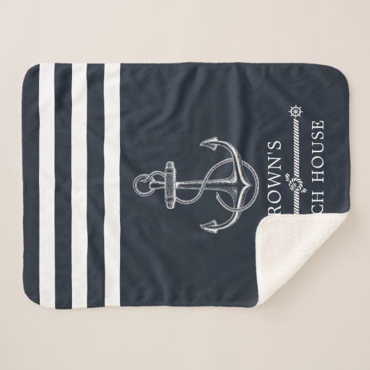Streepjesbeach of Lake met Nautical Anchor Family  Sherpa Deken (Voorkant (horizontaal))