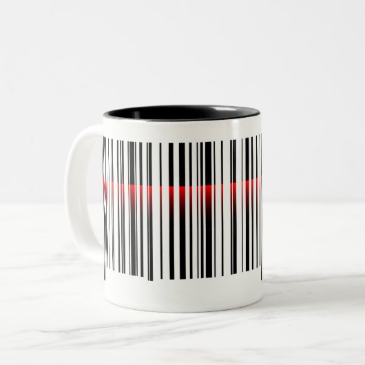streepjescode en rode laserscanning tweekleurige koffiemok (Voorkant links)