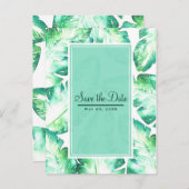 Streepjeswitte en groene tropische bladeren sparen aankondigingskaart (Voorkant / Achterkant)