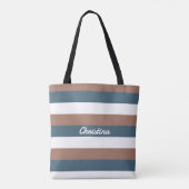 Streeppatroon Personaliseer Blauwgroen bruin wit Tote Bag (Achterkant)