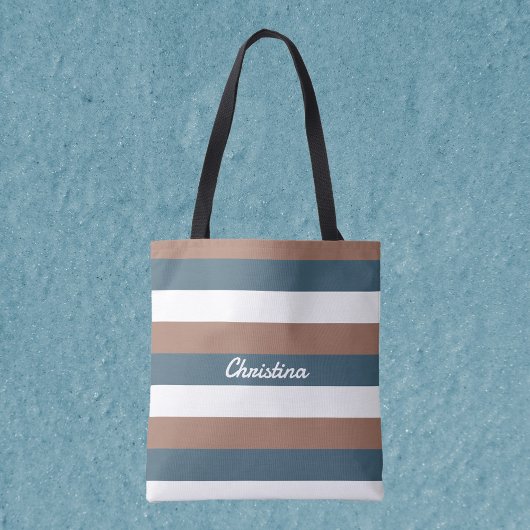 Streeppatroon Personaliseer Blauwgroen bruin wit Tote Bag