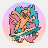 Street Retro Cat op Skateboard | grappig Ronde Sticker (Voorkant)