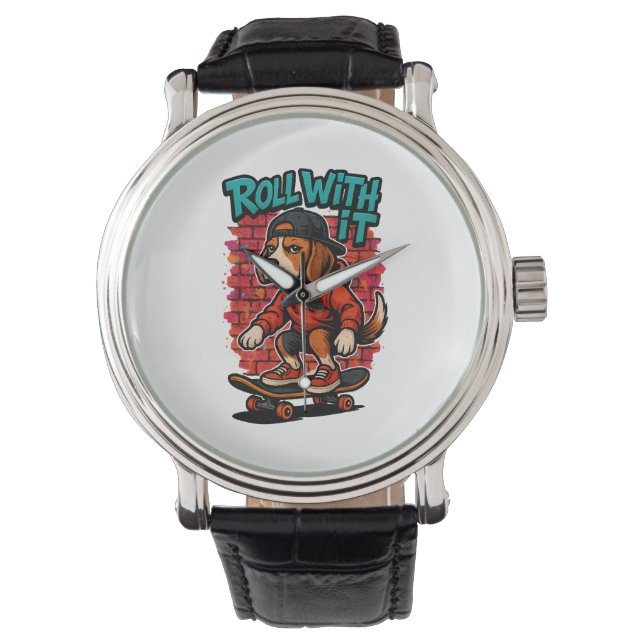 Street Style Beagle Skateboarding Graffiti Art Horloge (Voorkant)