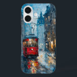 Streetcar in beweging iPhone 16 hoesje<br><div class="desc">Dit expressieve schilderij legt een rode tram vast die zich in de schemering door een stad in Europese stijl beweegt. De gedurfde, dikke penseelstreken van de impressionistische stijl creëer geven een gevoel van beweging, alsof de tram langs de natte sporen glijdt. De koele blues en grijstinten van de lucht en...</div>