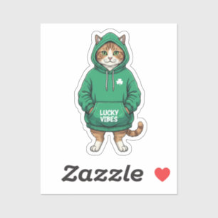 Streetwear Kat In Groene Hoodie Lucky Vibes Sticke Sticker