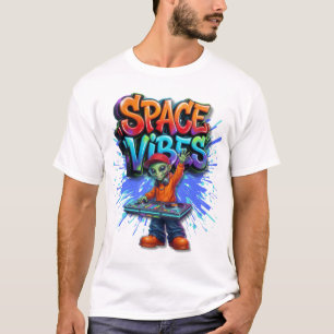 Streetwear-ontwerp met ruimte-vibes en alien-dj-mu t-shirt