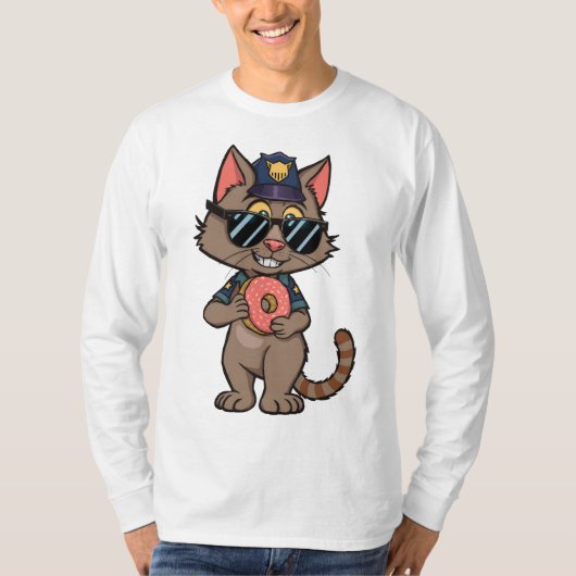 Streetwise Police Cat – 90s Cartoon Donut Cop T-shirt (Voorkant)
