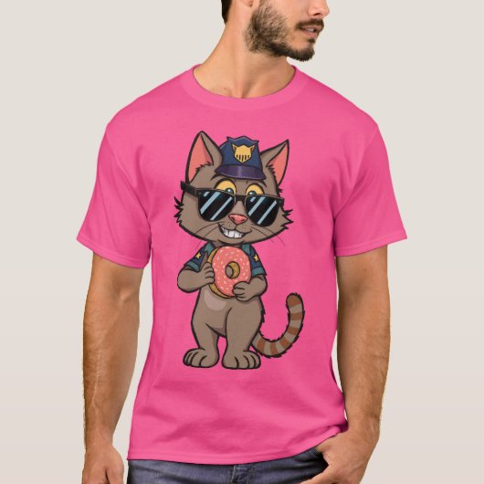 Streetwise Police Cat – 90s Cartoon Donut Cop T-shirt (Voorkant)