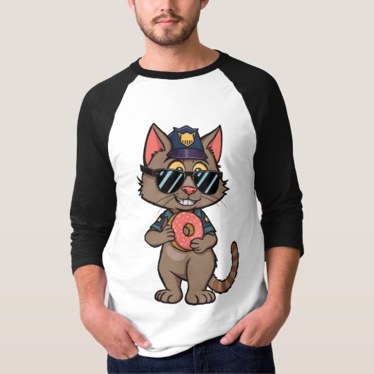 Streetwise Police Cat – 90s Cartoon Donut Cop T-shirt (Voorkant)