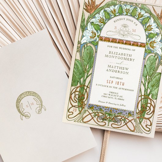 Strelitzia Kleurrijke bruiloft Art Nouveau Mucha Kaart