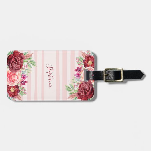 Strepen Bourgogne Blush Bloemmonogram Bagagelabel (Voorkant horizontaal)