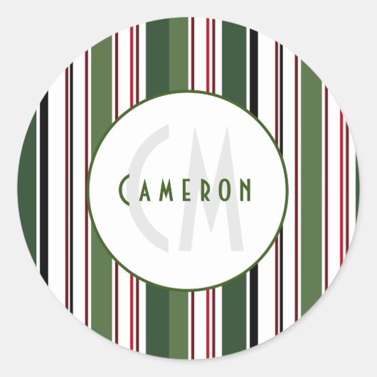  strepen Eenvoudig groen wit monogram Ronde Sticker (Voorkant)