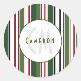  strepen Eenvoudig groen wit monogram Ronde Sticker