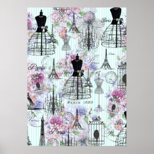 strepen Eiffeltoren collage florale Poster