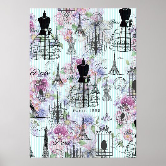 strepen Eiffeltoren collage florale Poster (Voorkant)