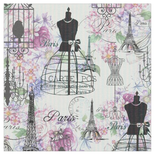  strepen Eiffeltoren collage florale Stof (Close Up)